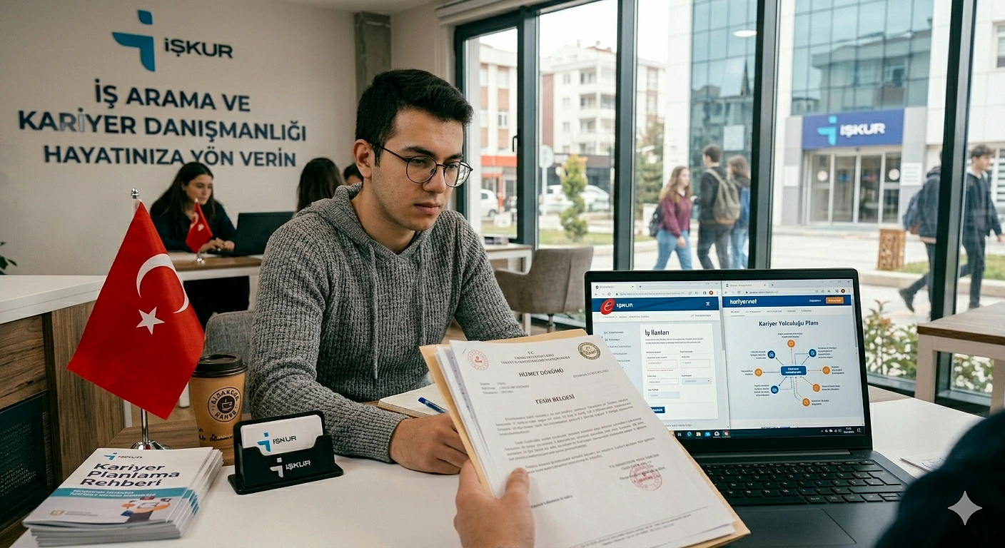İş arama ve kariyer danışmanlığı ofisinde genç bir adam belgeleri inceliyor.