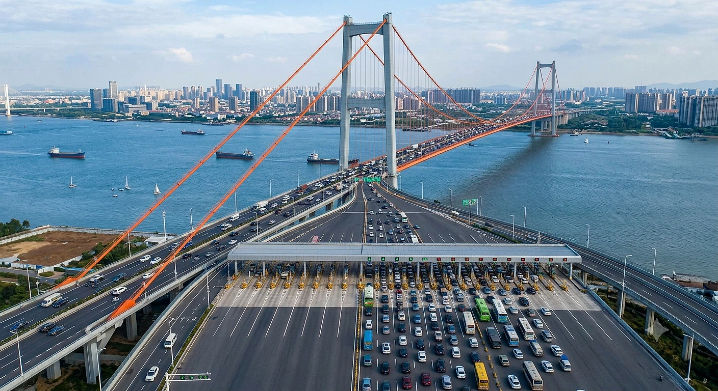 Yoğun trafik ve köprü geçiş ücretlerinin toplandığı bir otoyol manzarası.