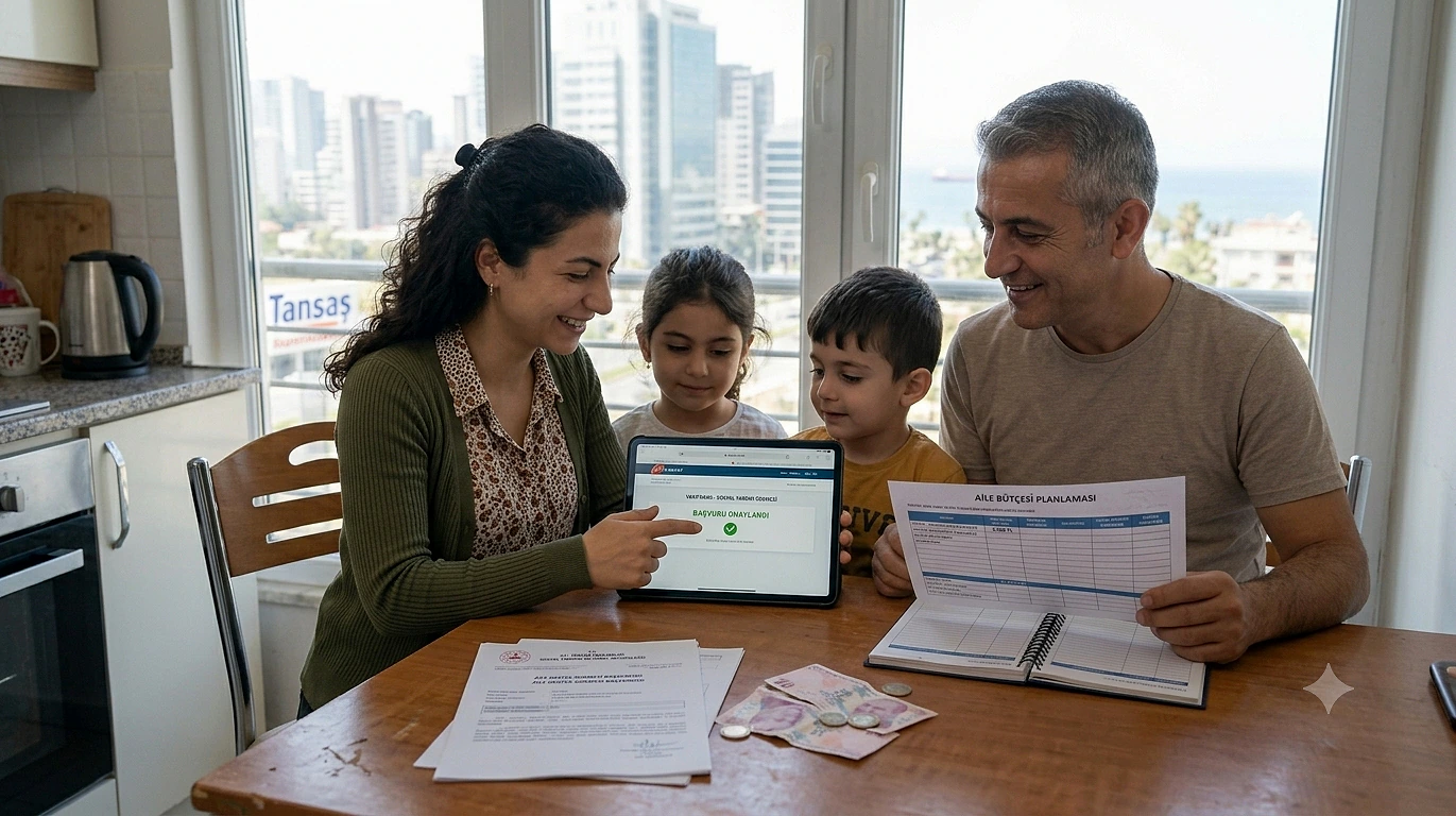 Aile destek ödemesi hakkında bilgi alan bir aile, tablet ve belgelerle birlikte oturuyor.