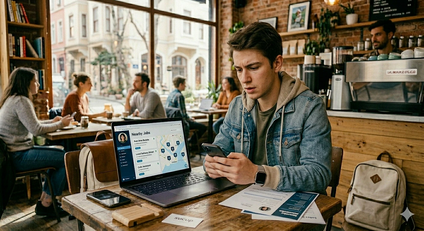 Kafede oturan bir genç, laptop ve telefon kullanarak iş arıyor.