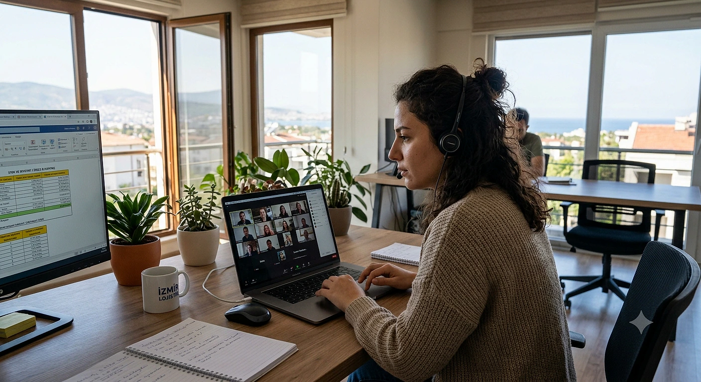 Bir kadın, bilgisayarında video konferans yaparken not alıyor. Ofis ortamında bitkiler var.