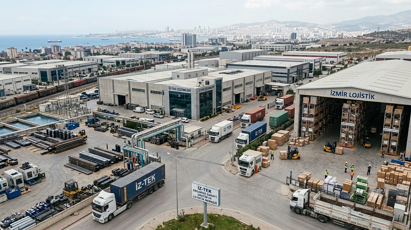 İstanbul'un sanayi bölgelerinden bir manzara, lojistik araçlar ve fabrikalar görünmekte.