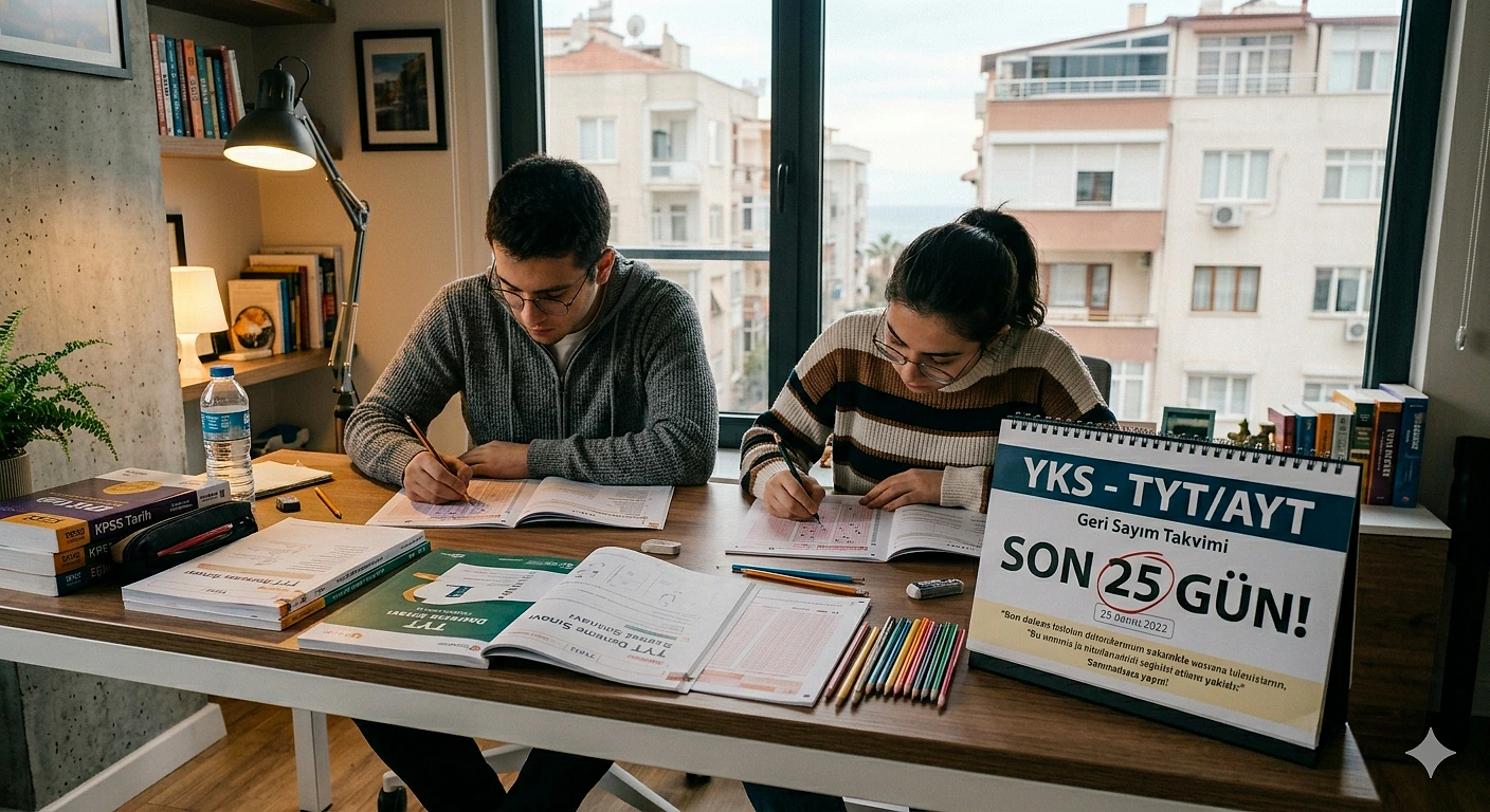 YKS 2026 hazırlıkları için ders çalışan öğrenciler, masa üzerinde kitaplar ve kalemler var.