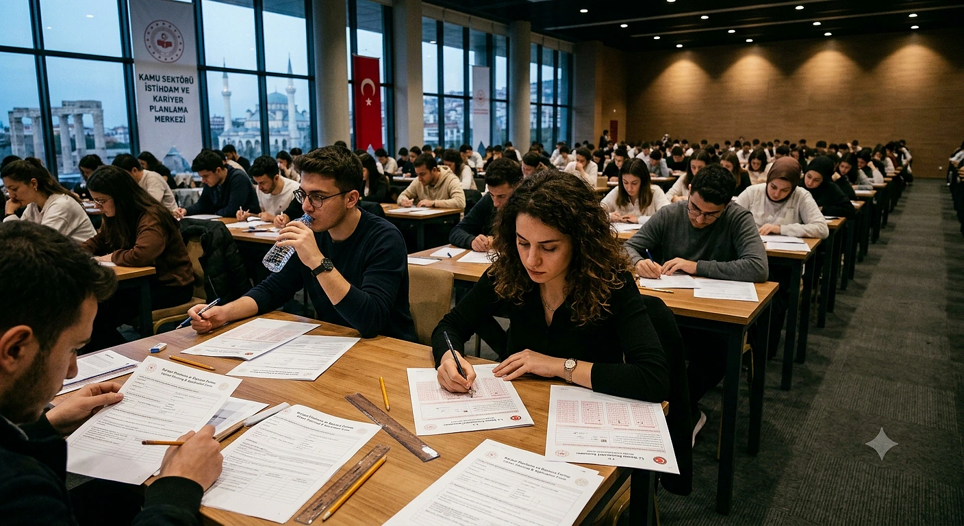 KPSS 2026/1 tercih tarihleri ve süreci hakkında bilgi KPSS sınavına katılan adaylar, kalem ve kağıtla yoğun bir şekilde çalışıyor.