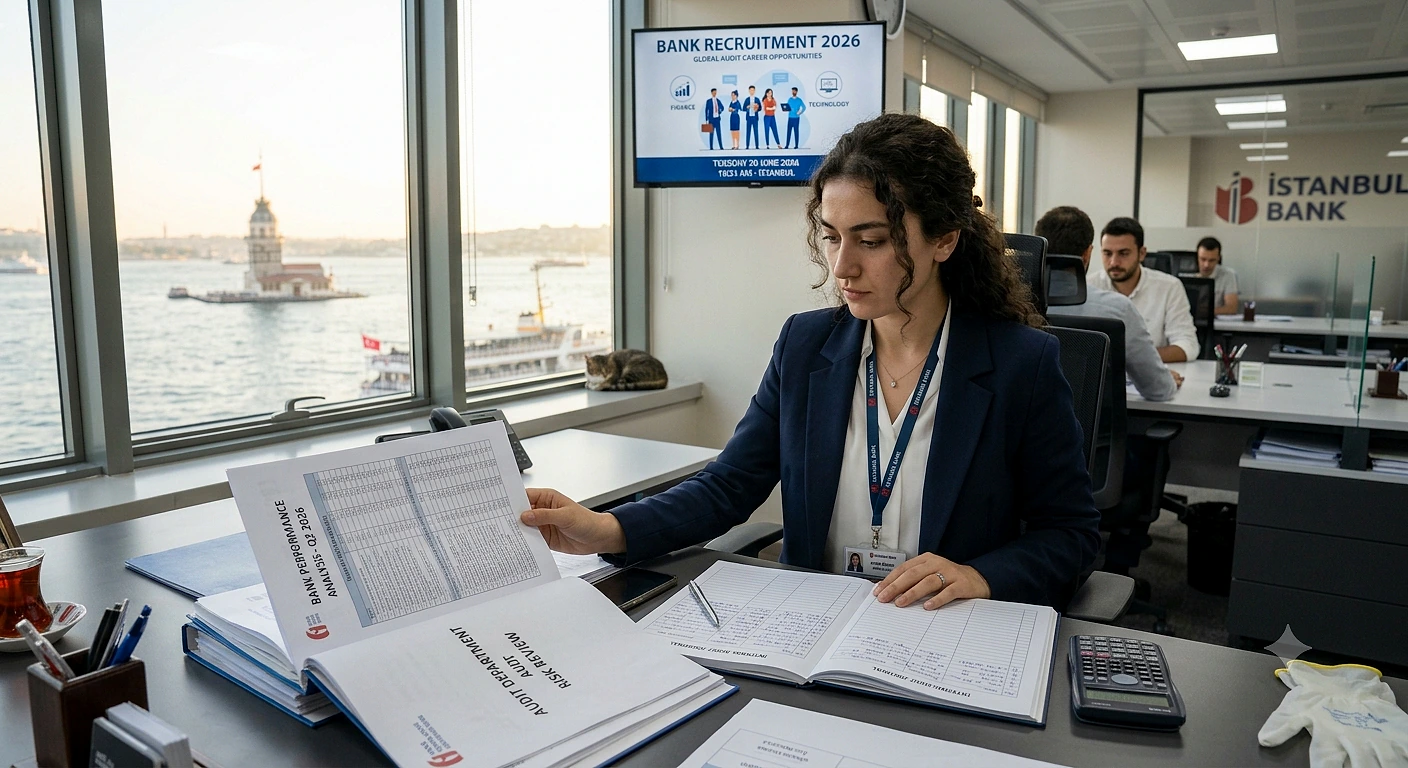 Bir kadın, ofis ortamında belgeleri inceliyor. Arka planda deniz manzarası var.