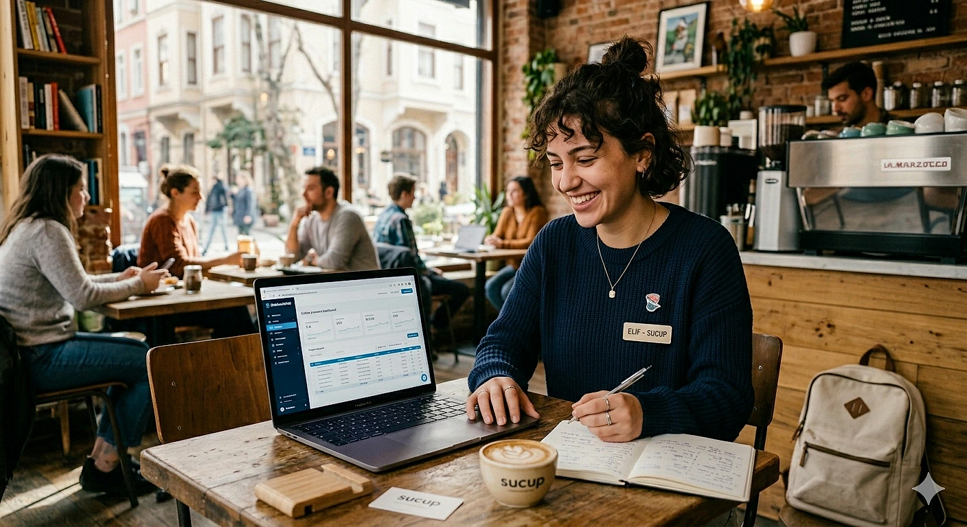 Kafede çalışma ve verimlilik temalı görsel Kafede laptopta çalışan genç kadın, not alıyor ve mutlu görünüyor. Arkada insanlar sohbet ediyor.