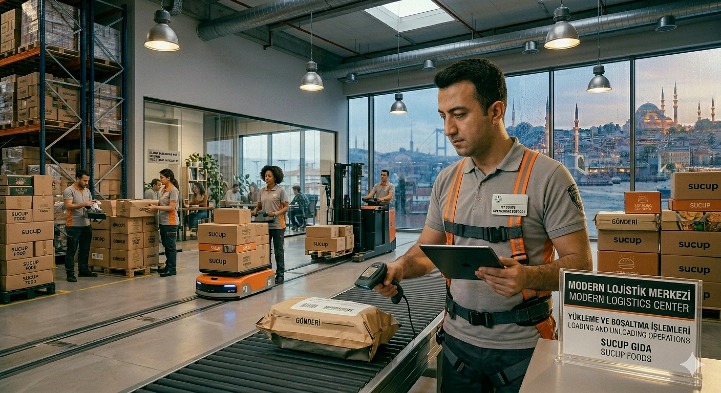 Modern bir lojistik merkezinde yükleme ve boşaltma işlemleri yapan çalışanlar.