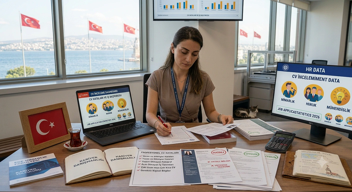 Bir ofis ortamında CV hazırlayan kadın, belgeler ve bilgisayar ekranında istihdam verileri ile çalışıyor.