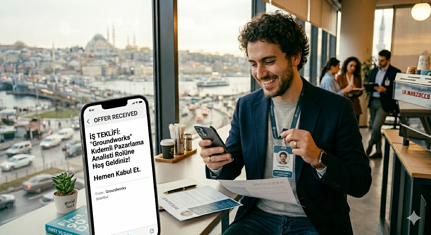 İstanbul'da kariyer fırsatları ve iş dünyası Bir ofis ortamında akıllı telefonla mesaj okuyan genç adam, İstanbul manzarası eşliğinde çalışıyor.