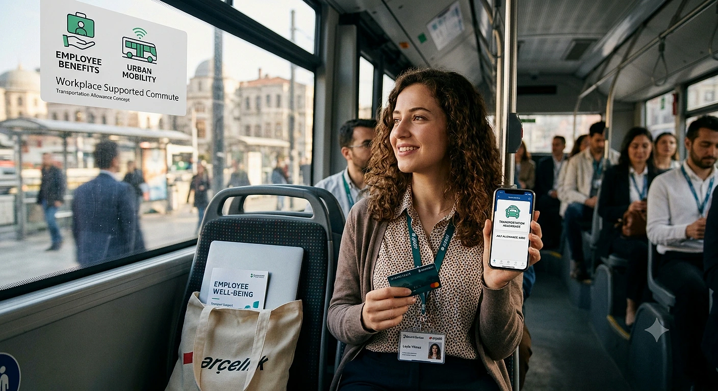 Yol ücreti ve 2026 istisna bedelleri hakkında bilgi Toplu taşımada çalışan bir kadın, telefonunda yol ücreti uygulaması açmış, gülümseyerek bakıyor.