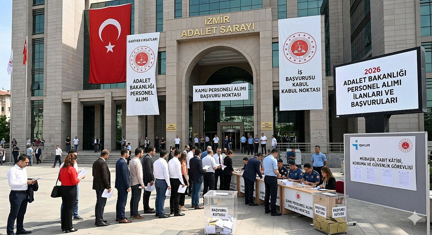 Adalet Bakanlığı 2026 personel alım başvuruları İzmir Adalet Sarayı önünde personel alımı için başvuru yapan kalabalık bir grup.
