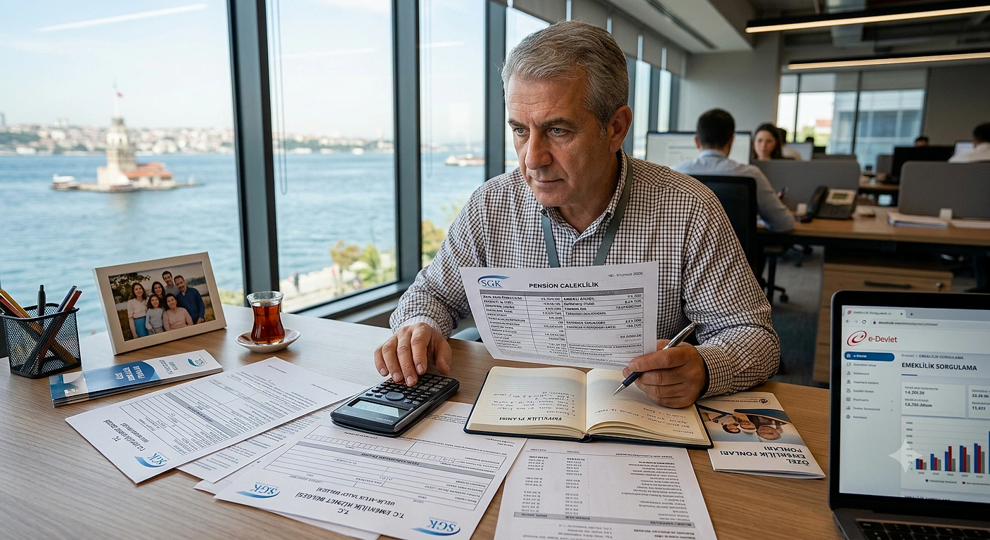 Emeklilik belgeleriyle çalışan bir adam, ofis masasında hesap makinesi kullanıyor.