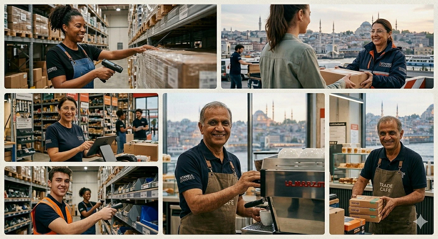 Çalışanların iş yaşamındaki etkileşimleri Farklı iş alanlarında çalışan personel, depoda ve kafe alanında etkileşimde bulunuyor.
