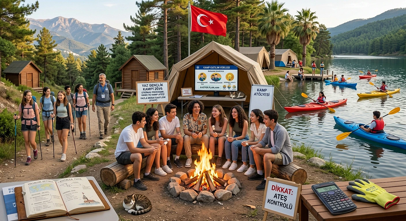 Gençlerin bir araya geldiği yaz kampı etkinliği, doğa manzarası ve çeşitli aktiviteler.