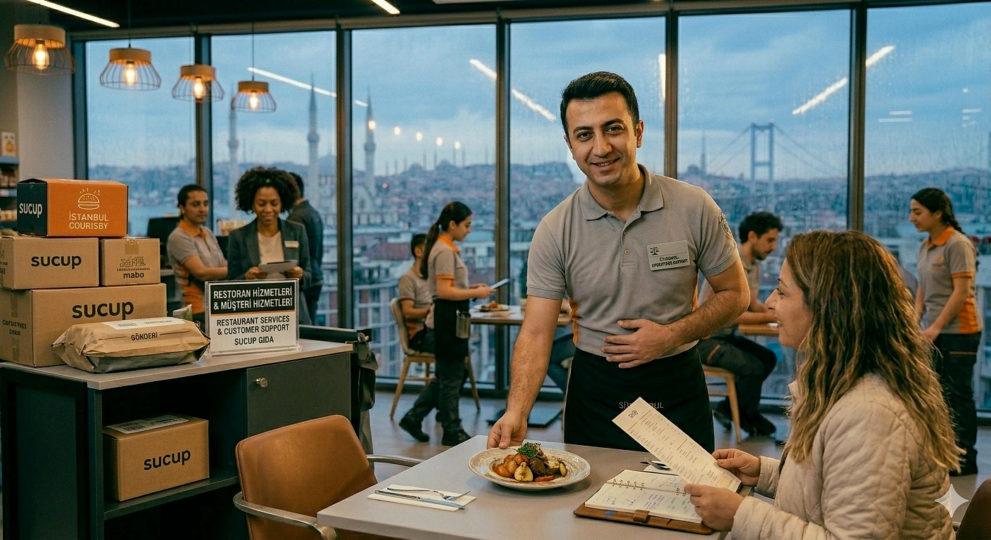 Garson işe alım süreci hakkında rehber Restoran ortamında garson, müşteri ile etkileşimde bulunuyor. İstanbul manzarası arka planda.