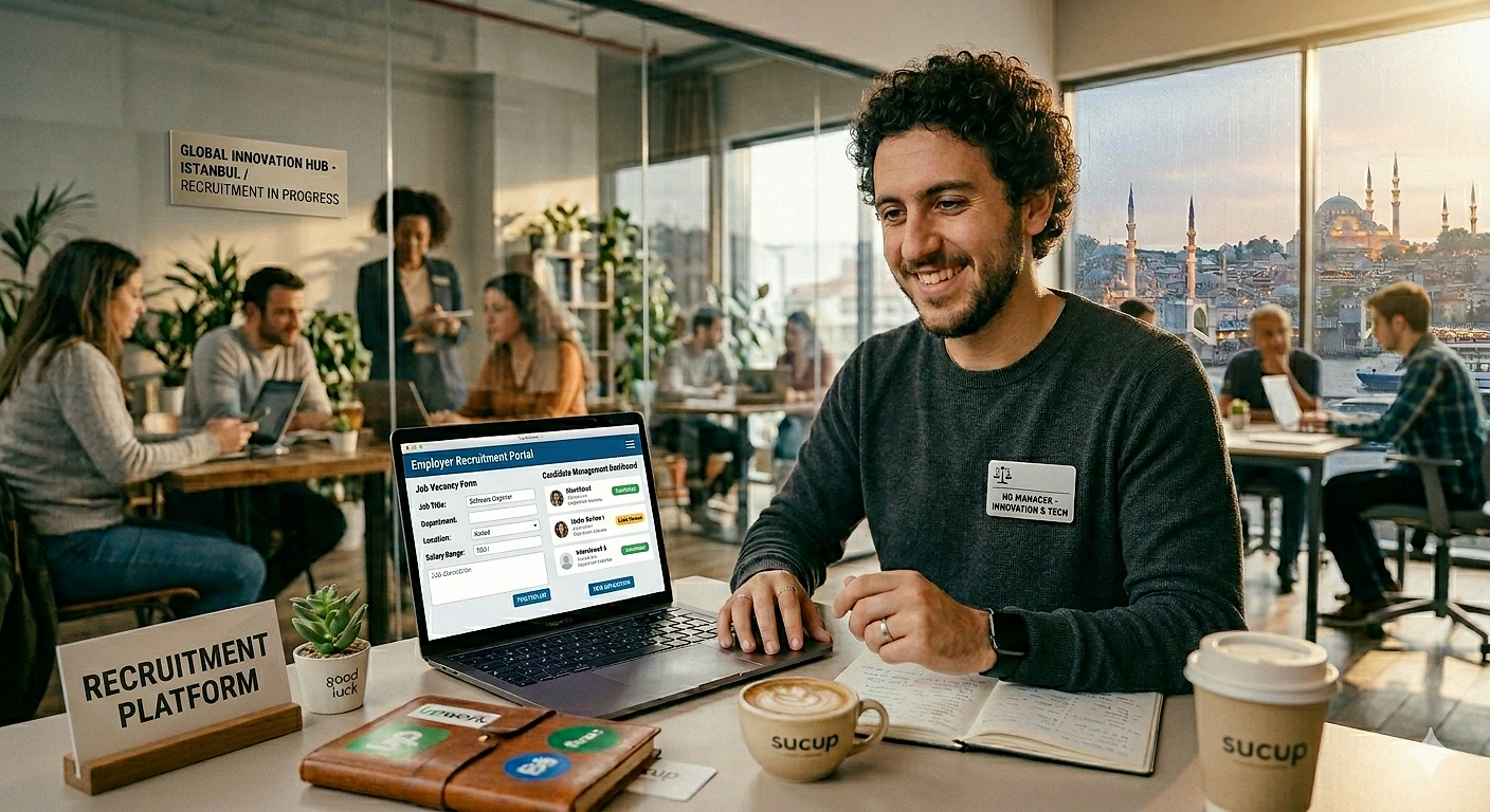 Ofis ortamında bilgisayar başında çalışan bir insan, işe alım platformunu kullanıyor.