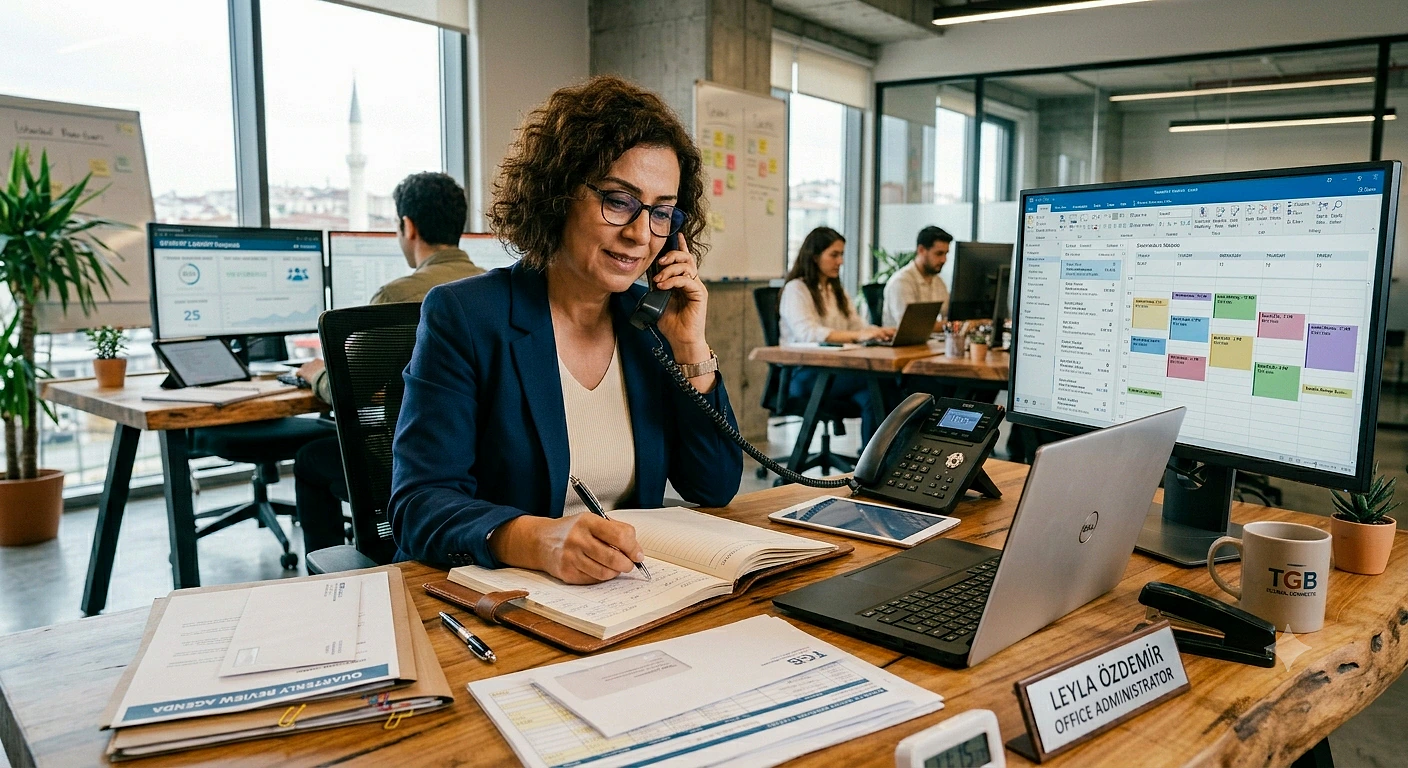 Ofis ortamında telefonla konuşan bir sekreter, not alıyor ve bilgisayar ekranında planlama yapıyor.
