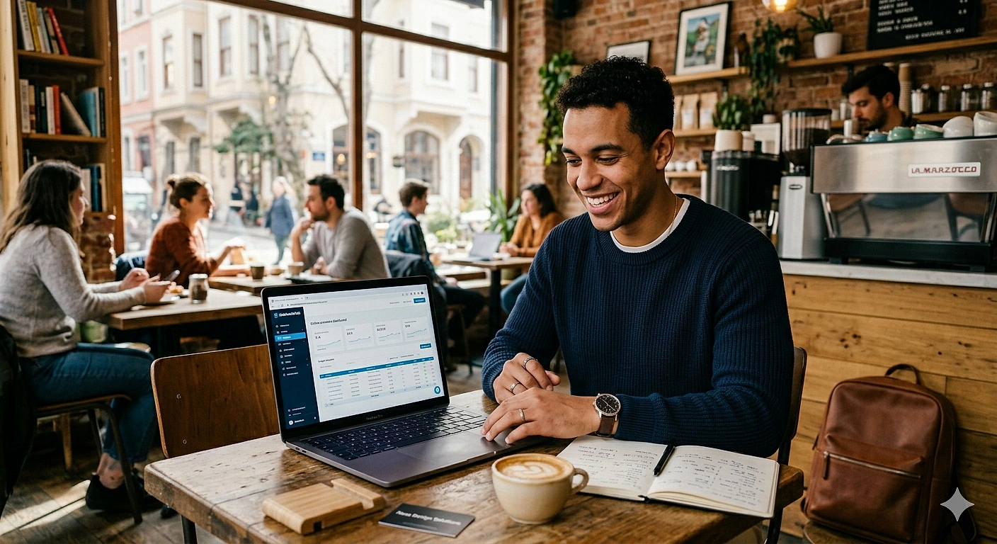 Kahve dükkanında çalışma ve verimlilik ipuçları Kahve dükkanında laptop ile çalışan genç bir adam, not defteri ve kahve ile odaklanmış.
