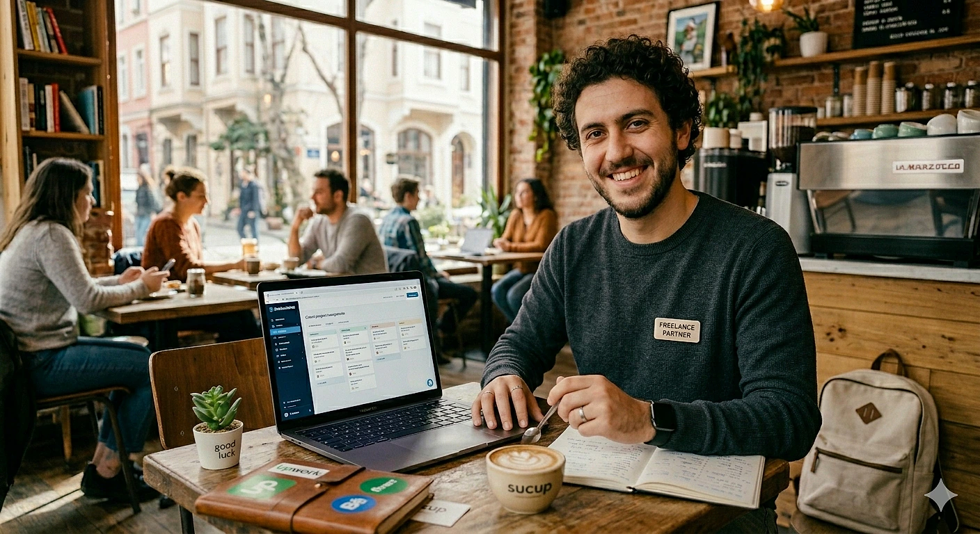 Kafede laptop ile çalışan bir adam, not defteri ve kahve ile çevrili.