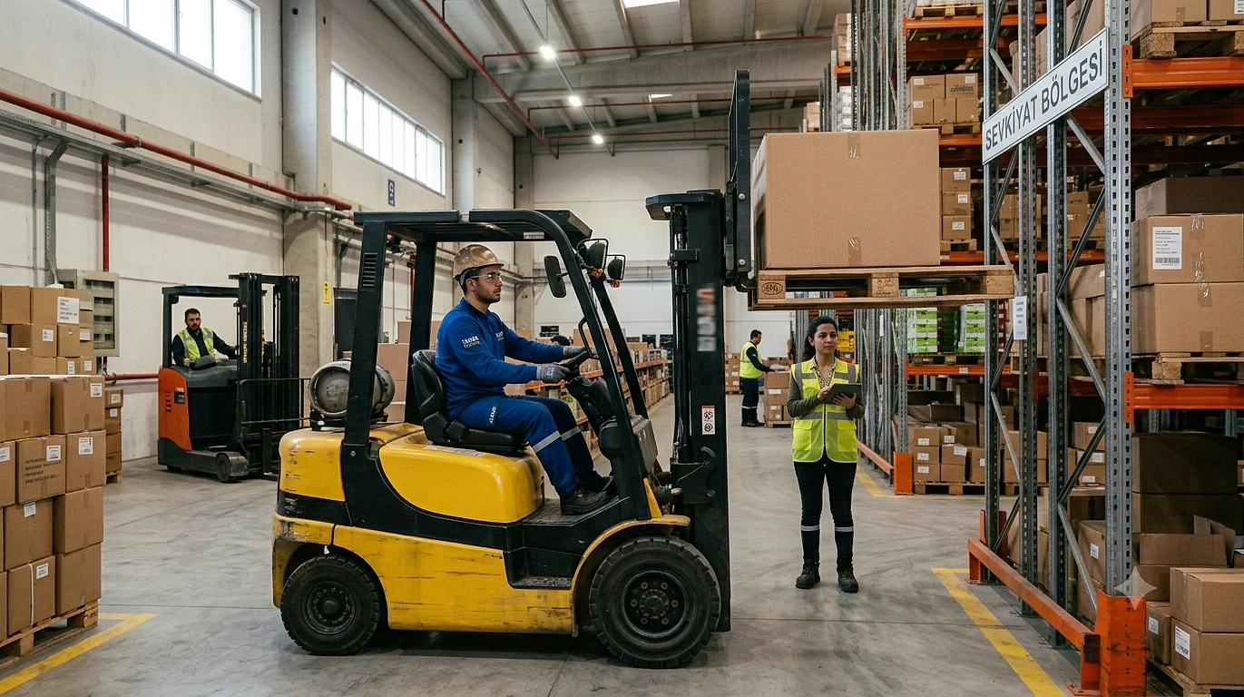 Depo alanında forklift kullanan operatör ve yükleme işlemi yapan çalışan.