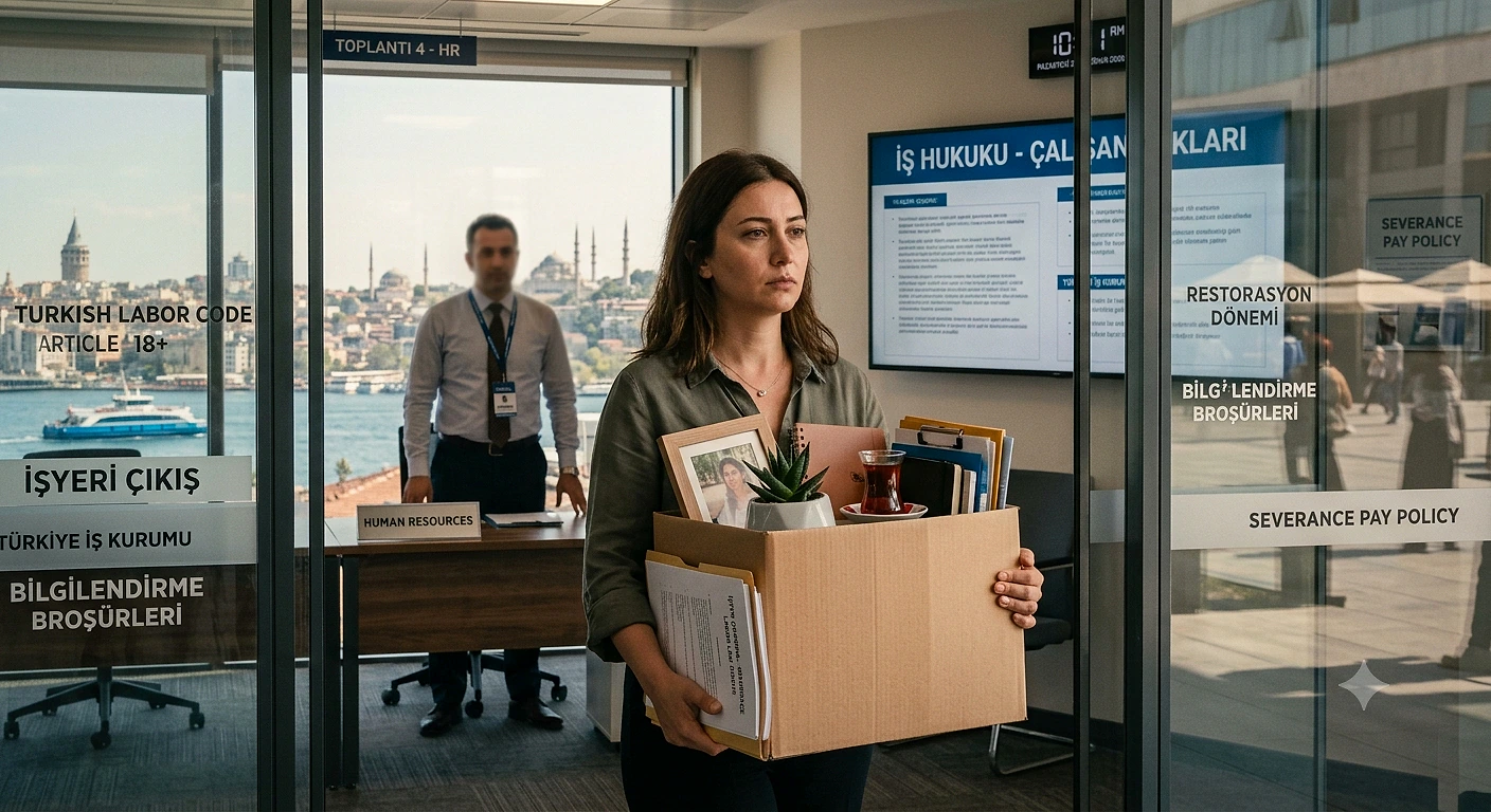 İşten çıkarılan bir çalışanın belgelerle dolu kutu taşıdığı ofis ortamı.