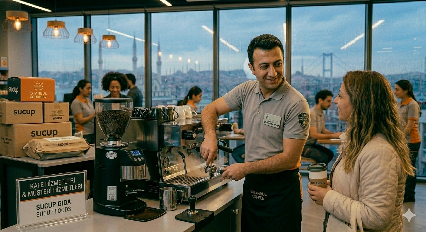 Barista olarak çalışan bir adam, kahve makinesinde espresso hazırlarken bir kadına gülümseyerek bilgi veriyor.
