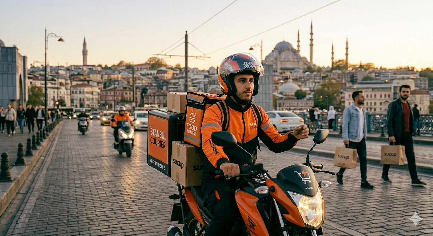 Şehir manzarasında motosikletli bir kurye, paketleri taşırken dikkatli bir şekilde ilerliyor.