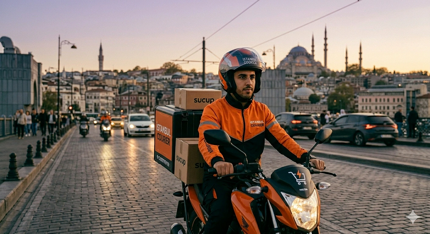 Şehirde kurye olarak çalışan bir adam, motorlu taşıtıyla köprüde ilerliyor.