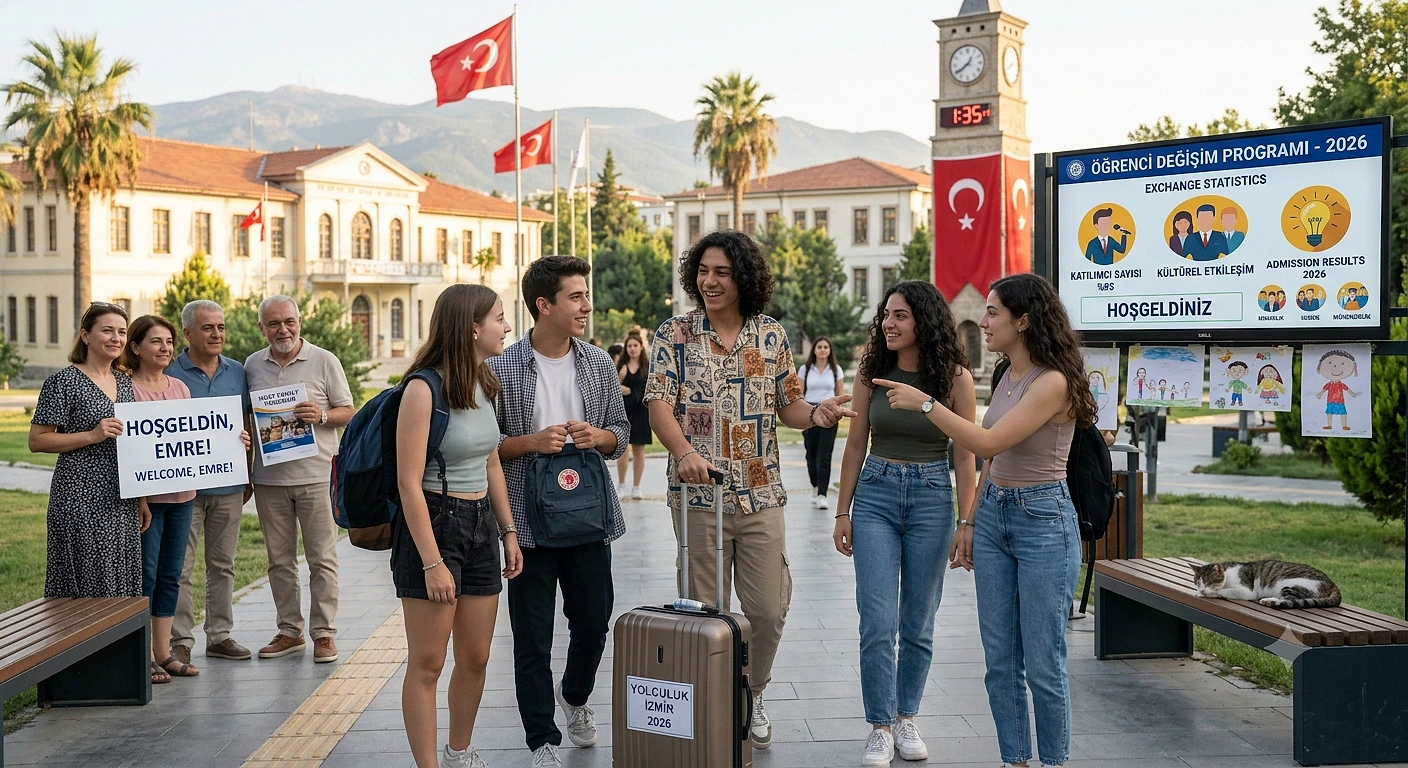 Öğrenci değişim programı için gelen gençler, okul önünde arkadaşlarıyla buluşuyor.