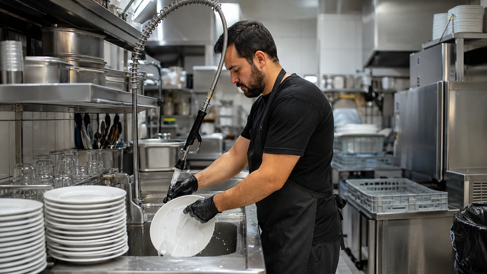 Bulaşıkçı, restoran mutfağında tabakları yıkayan bir çalışan.