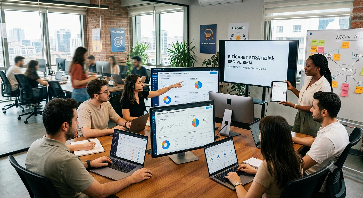 Dijital pazarlama ve e-ticaret stratejileri üzerine çalışan bir ekip, grafikler ve verilerle dolu ekranlar etrafında toplanmış.