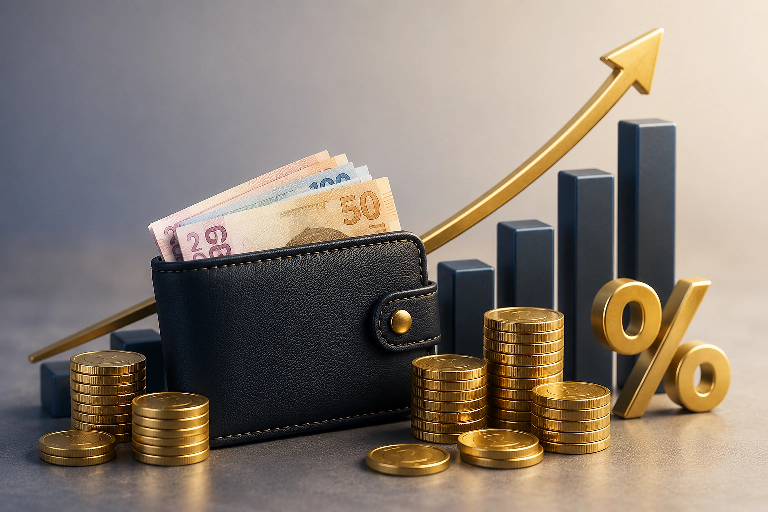 Cüzdan içinde para ve yanındaki altın paralarla büyüyen grafik.