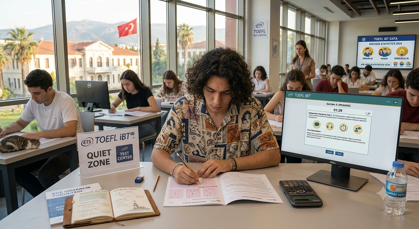 TOEFL sınavına hazırlanan öğrenciler, sınav merkezinde çalışma yapıyor.