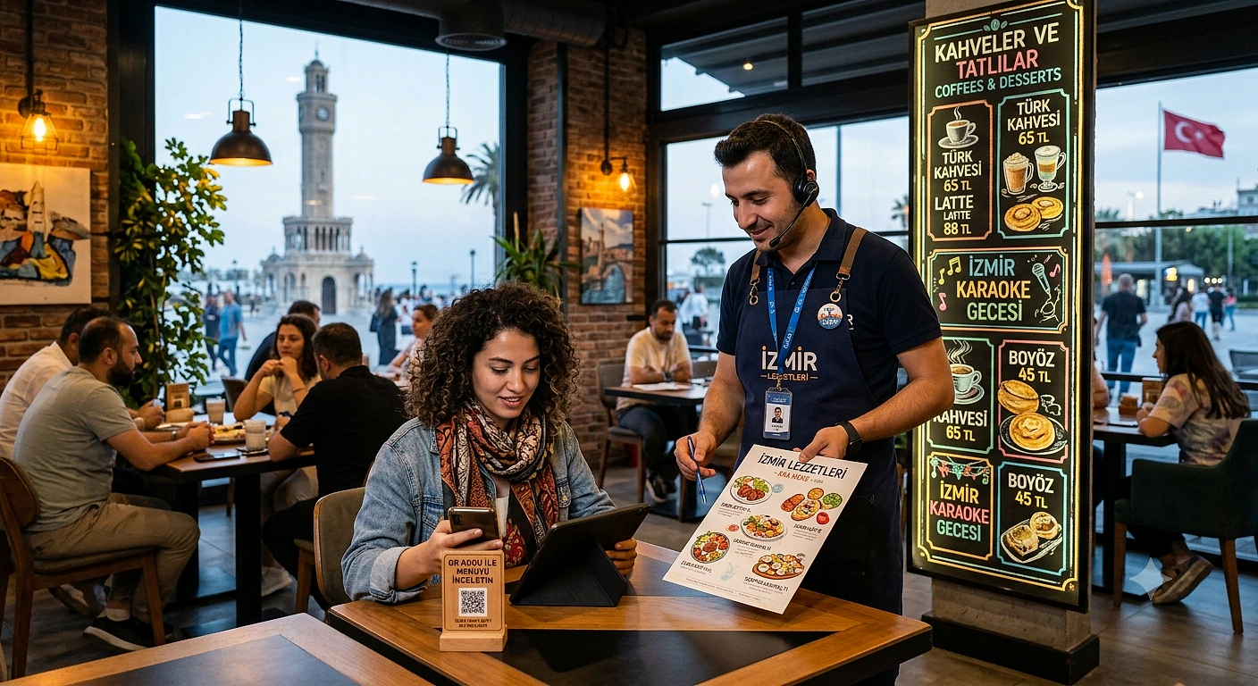 Şeffaf menü dönemi restoranlarda başladı Restoran ve kafede şeffaf menü uygulamasıyla yemek siparişi veren bir müşteri ve kalabalık bir ortam.