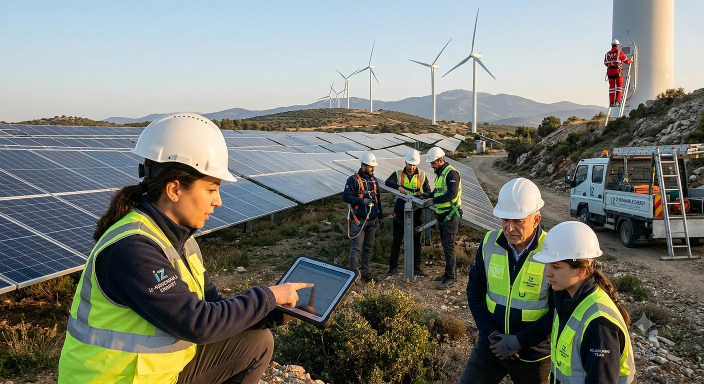Güneş panelleri ve rüzgar türbinleri arasında çalışan profesyoneller, sürdürülebilir enerji projeleri üzerinde çalışıyor.