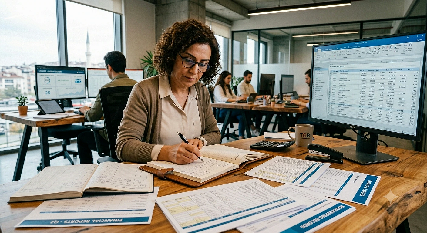 Yevmiye defteri tutma rehberi Ofis ortamında yevmiye defteri tutan bir kadın, bilgisayar ve belgelerle çalışıyor.