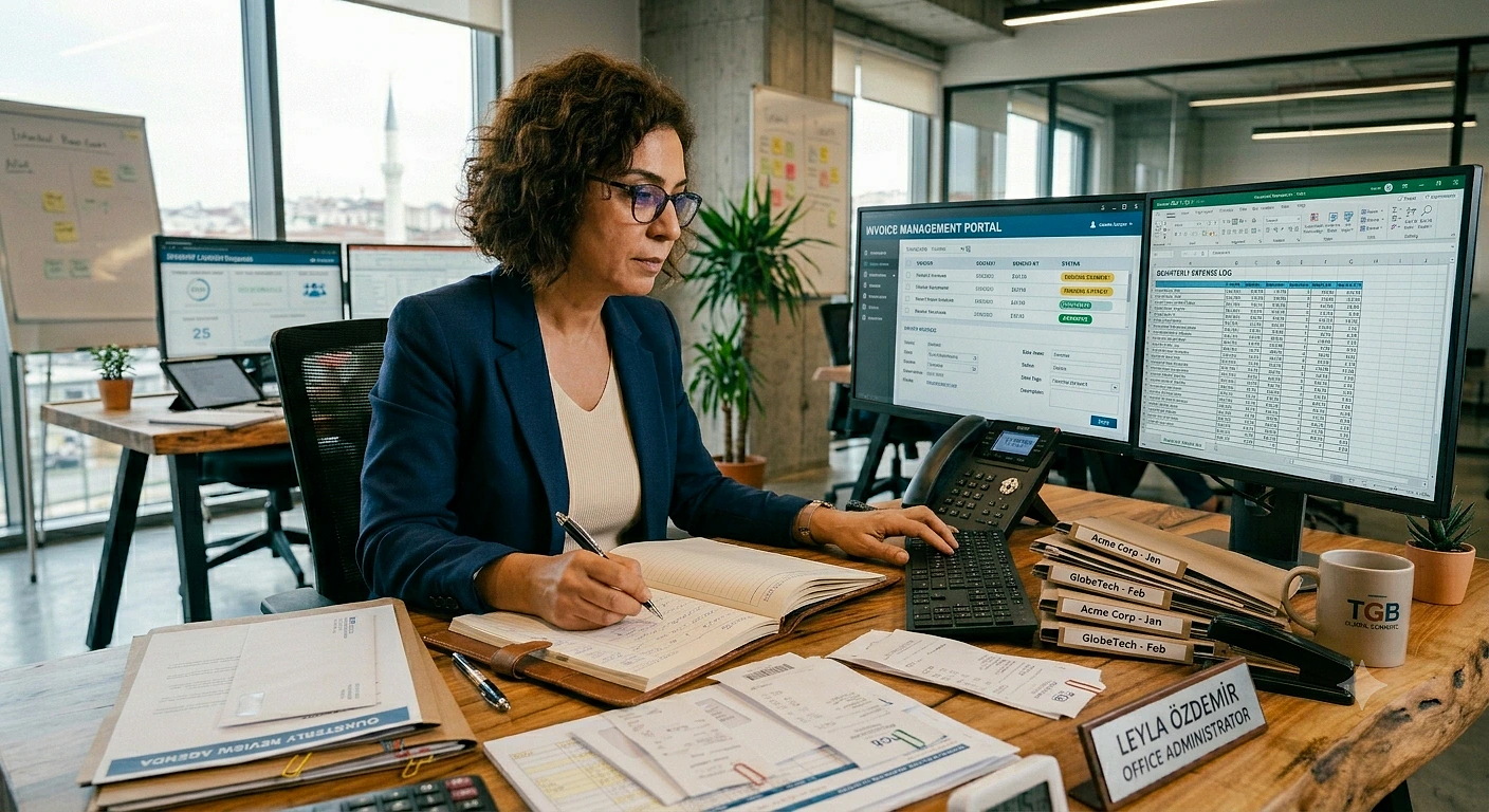Ön muhasebe elemanının ofis içindeki çalışma ortamı Ofis ortamında ön muhasebe elemanı, bilgisayar ve belgelerle çalışıyor.