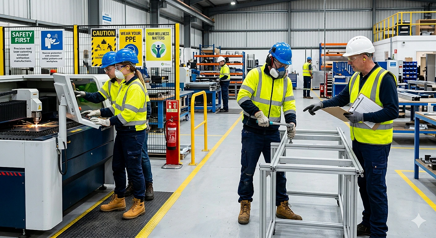 Fabrika ortamında çalışan işçiler, güvenlik ekipmanlarıyla sendikalı olmanın avantajlarını değerlendiriyor.