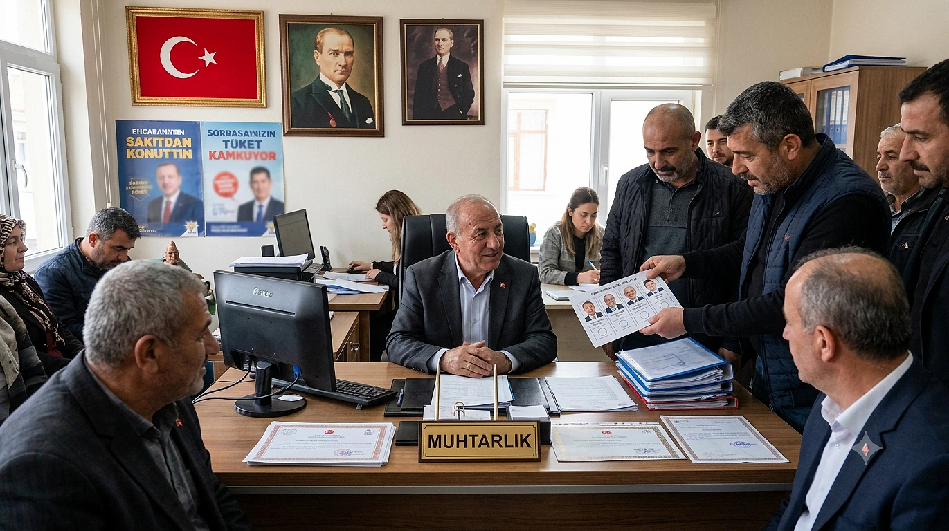 Muhtarlık ofisinde muhtar ve vatandaşlar, muhtar olma şartlarını tartışıyor.