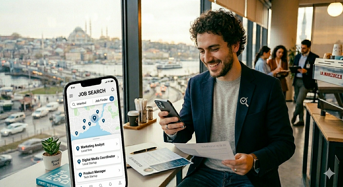 İstanbul'da bir kafede iş arayan genç bir adam, telefonunda iş ilanlarını inceliyor.