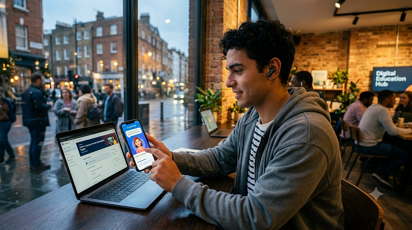 Kafe ortamında dizüstü bilgisayar ve akıllı telefonla çalışan genç bir adam, Dilim uygulamasını kullanıyor.