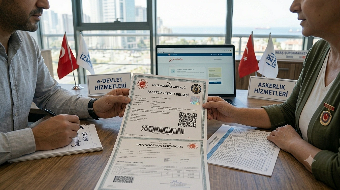 Askerlik durum belgesi alım sürecinde bir kişi belgeleri inceliyor, arka planda e-Devlet hizmetleri görünüyor.