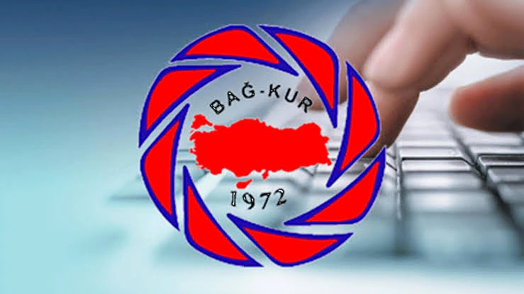 Bağ-Kur logosu ve bilgisayar klavyesine dokunan bir parmak, sosyal güvenlik teması.