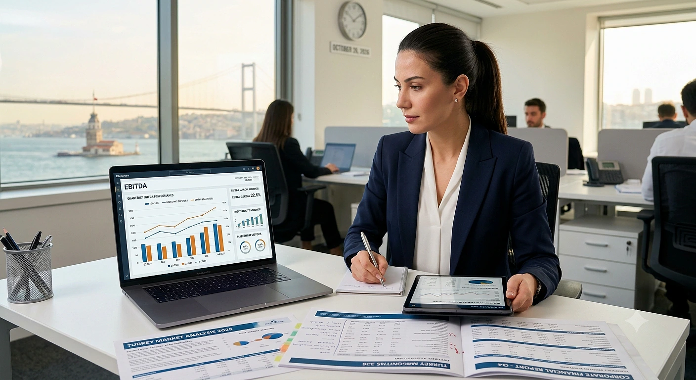 Finansal analiz yapan bir kadın, bilgisayar ekranında grafik ve tablolar inceliyor.