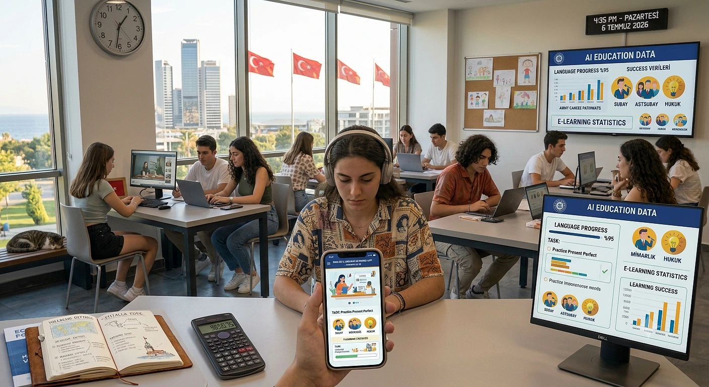 Dil öğrenimi ve eğitim istatistiklerini gösteren ekranlar, öğrenci grubu ve akıllı telefon ile etkileşim.