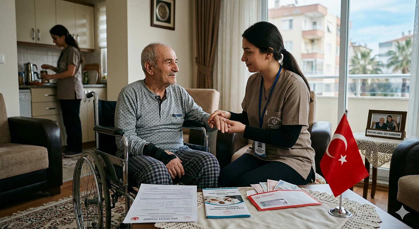 Evde bakım hizmeti alan yaşlı bir birey ve ona yardımcı olan bakıcı, belgelerle dolu bir masa.