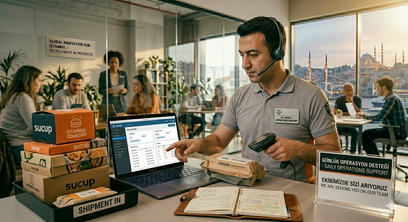Ofis boyu olarak çalışan bir kişinin bilgisayar ve telefonla ofis ortamında görev yaptığı an.