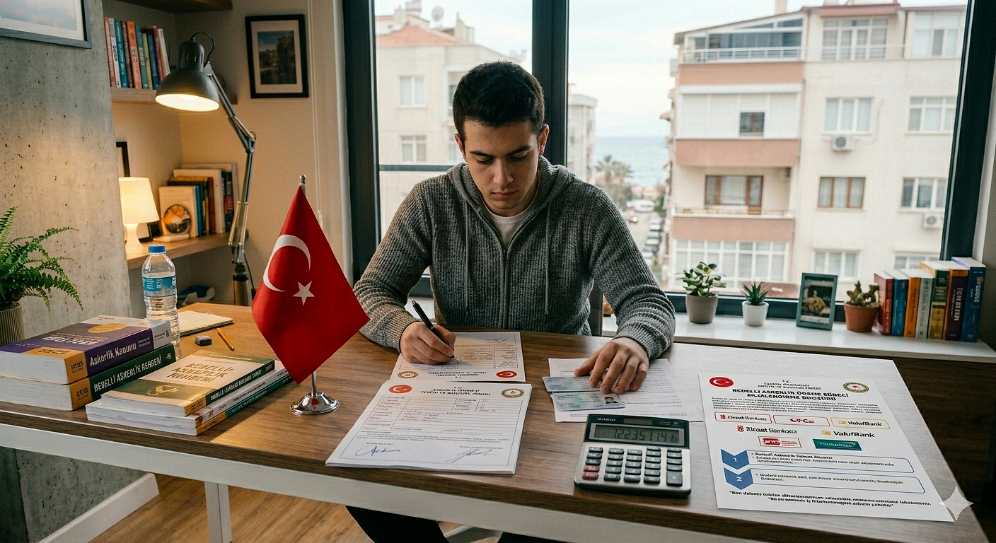 Bir genç, masa başında bedelli askerlik belgelerini dolduruyor. Türk bayrağı ve hesap makinesi masada yer alıyor.