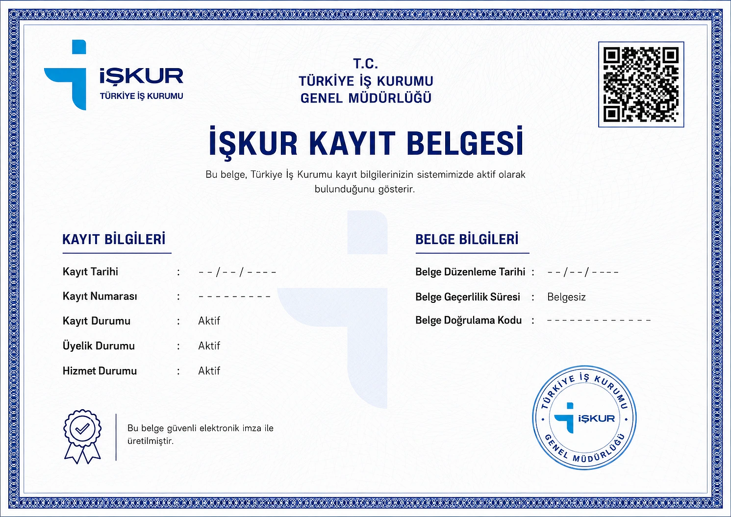 İŞKUR kayıt belgesi, Türkiye İş Kurumu tarafından verilen resmi belge örneği.