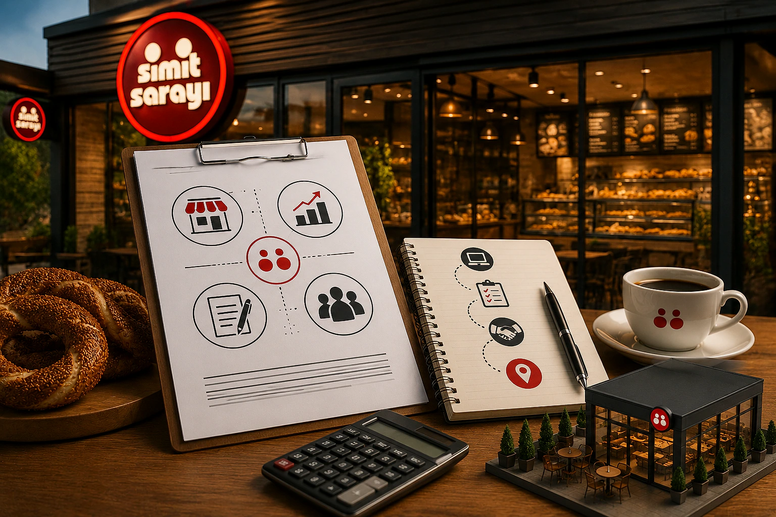 Simit Sarayı bayilik başvurusu için gerekli belgeler ve simgeler, arka planda kafe görünümü.